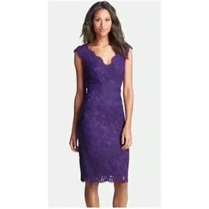 TADASHI SHOJI Purple Embroidered Lace V Neck Sheath Dress Size 4P